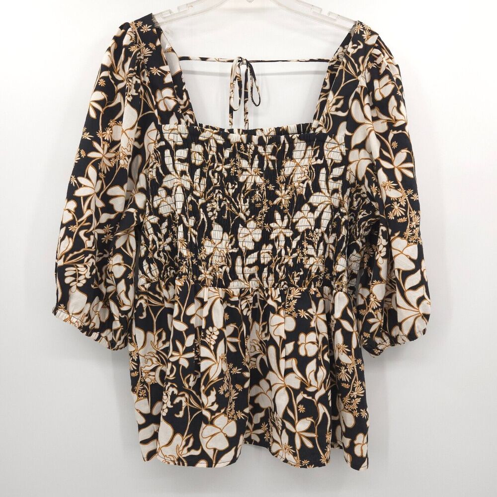 Ava & Viv Smocked peplum top plus Size 1X black floral Puff Elbow Sleeve boho